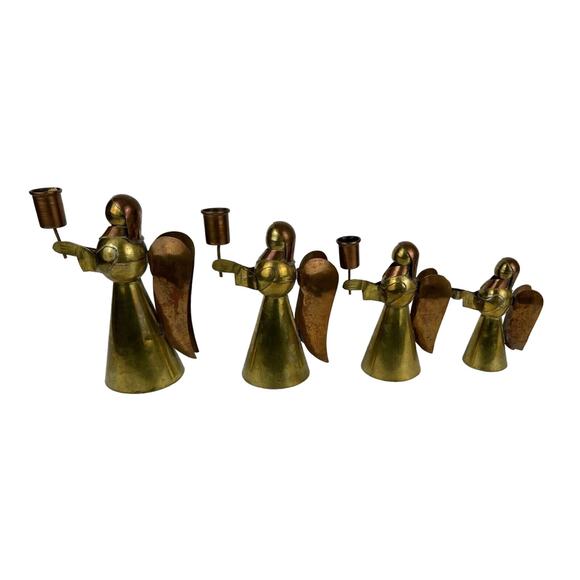 4 Brass and Copper Primitive Angels Candle Holders Hand Made Vintage - Picture 1 of 10